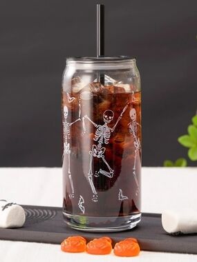 Halloween Skeleton Glass Tumbler with Straw - Clear